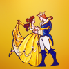 Belle and the Beast dancing, drawn in the style of the stained glass windows from the Disney animated movie