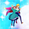 Howl and Sophie from the Ghibli movie holding hands and flying